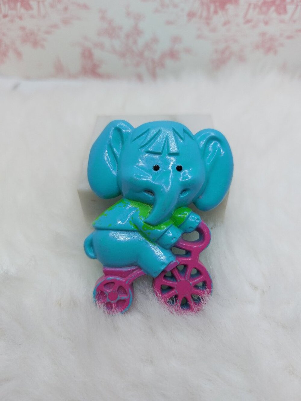 Vintage 1975 Avon 3D Pedal Pusher Blue Elephant on Pink Bike Bicycle Pin